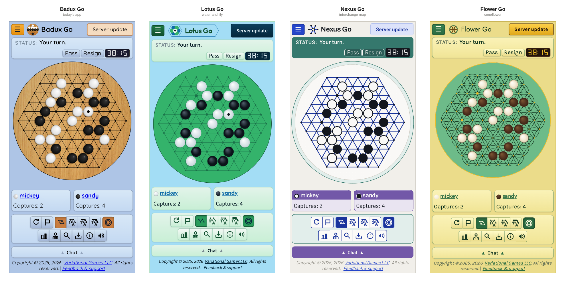 The game page in light mode for all four designs, each showing the same position on a
         hex board with player panels and controls below.